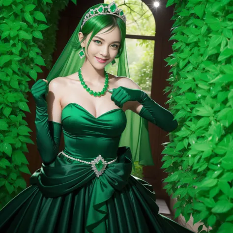 emerald tiara, Green Pearl Necklace, Boyish very short green hair, lipsticks, Japan woman smiling, very short short hair, fist, big breasts beautiful, Green eyes, Long green gloves made of satin material, Green eyes, Emerald Earrings