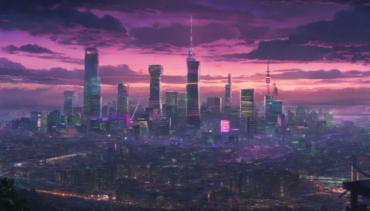 Close-up of the city with neon sunset in the background, Synthwave City, vaporwave city, Synthwave aesthetics, Neon City in the background, Background of Neo Tokyo, Neon metropolis in the background, Futuristic urban background, cyberpunk aesthetics, The c...