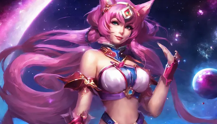 Ahri de League of Legends, foto do corpo todo, perfect hands, cabelos pretos e longos, nine fox tails on the tailbone, orelhas de raposa pretas, roupa de samurai vermelha, papel de parede, fundo em Iona, rosto sexy oriental, cabelos pretos escuros