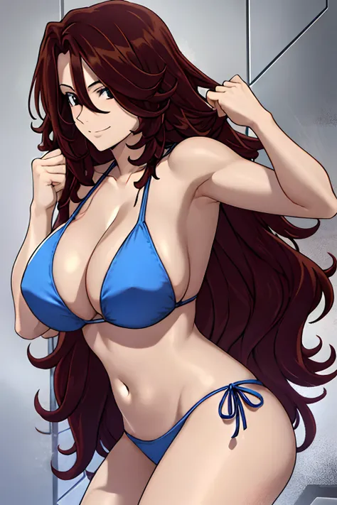 cowboy shot, detailed face, upper body view, detailed body, 4k, Sumergai Lee Noriega, best quality, anime style, hires, highest definition, digital blending, bold drawing lines, ((weak body), (slender body), mature woman, (bikini), victorious, gorgeous, sm...