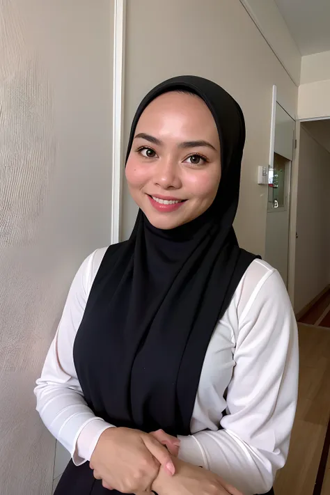 1 malay girl , modern plain cream hijab, smile, medium portrait shot , watery  eyes , wear black peplum dress , white modern hotel bedroom background, bright front light, breast grab pose,