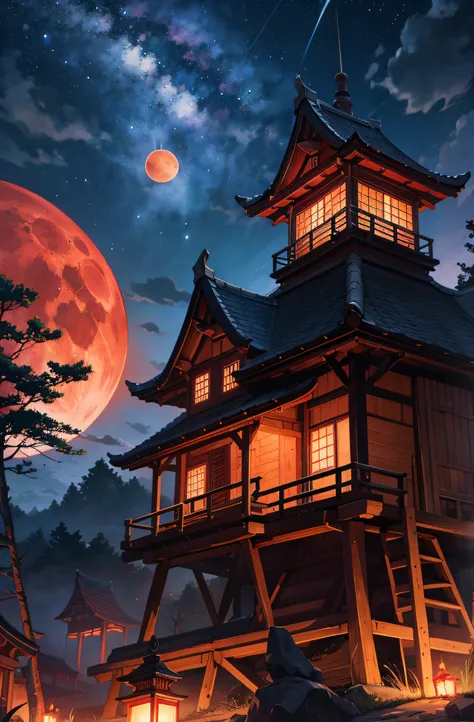 Yokai Dorf, Nachthimmel, Roter Mond, realistisches Full HD, best quality