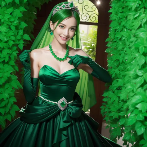 emerald tiara, Green Pearl Necklace, Boyish very short green hair, lipsticks, Japan woman smiling, very short short hair, fist, big breasts beautiful, Green eyes, Long green gloves made of satin material, Green eyes, Emerald Earrings