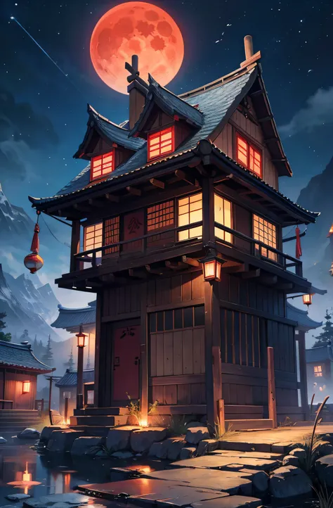 Yokai Dorf, Nachthimmel, Roter Mond, realistisches Full HD, best quality