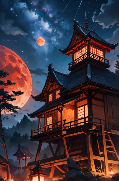 Yokai Dorf, Nachthimmel, Roter Mond, realistisches Full HD, best quality