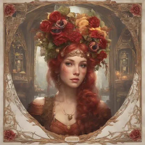 Painting of a red-haired woman with makeup from the Day of the Dead and a golden dress, Mucha Klimt et Tom Bagshaw, Craig Mullins Alphonse Mucha, Alphonse Mucha et Craig Mullins, Beeple et Alphonse Mucha, Tom Bagshaw Donato Giancola, Krenzcushart, inspired...