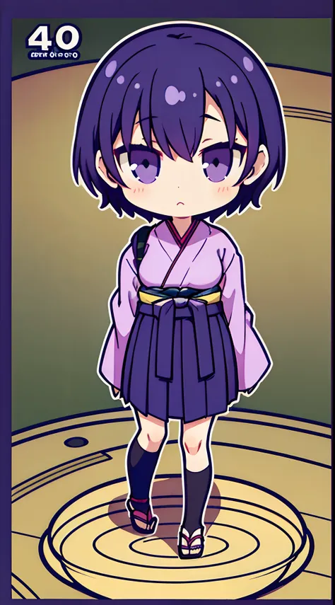 (Best Quality,4K,High resolution), girl with, Purple mesh hair on black hair, Bery short hair, disheveled short hair,  , Comical appearance，deadpan，looks sleepy，comic strip，animesque，Comical illustration，Sit quietly，Komono，Hakama，busy，Deformed cute illustr...