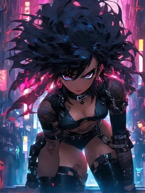 beautiful cute girl, BDSM, Leather collar, harness, sword belt, wide thighs, Narrow waist, lush black hair, Bright make-up, An evil expression on his face, the night, sexy and nude, belts & Leather, Tatoo, Full-length, Cyberpunk style