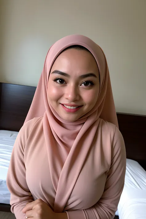 1 malay girl , modern plain white hijab, smile, medium portrait shot , watery  eyes , wear black lingerie , white modern hotel bedroom background, bright front light, breast grab pose,