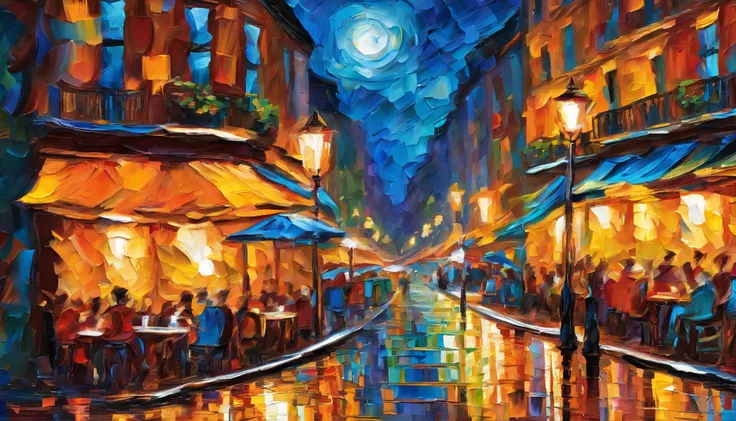 Impasto Oil painting , matt color grading, People are sitting in a roadside coffee shop on the night side of Paris. The light from the street lamps is spilling onto the street.