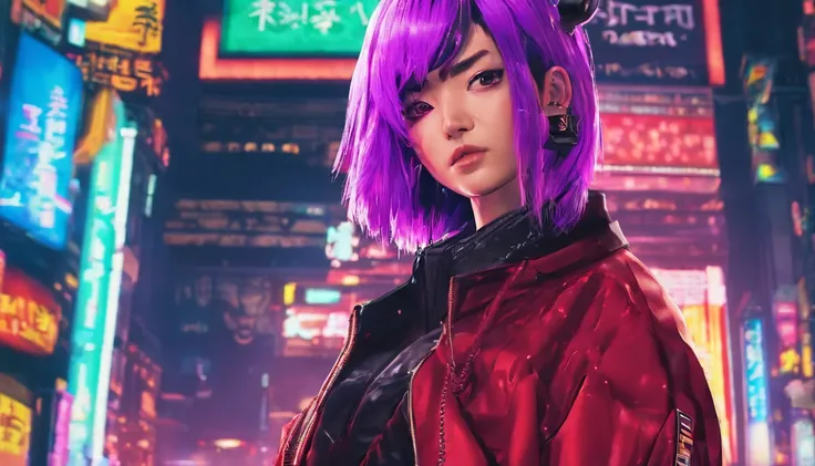 japanaese girl,pale skin,beatiful face(purple hair)red jacket,Tokyo at night, with Cyberpunk style,Japanese streetwear,Tokyo Fashion,In a Cyberpunk 2 jacket 0 7 7,Full-length,attractive pose,Bottom view,Araffe woman in black dress and black hat posing for ...