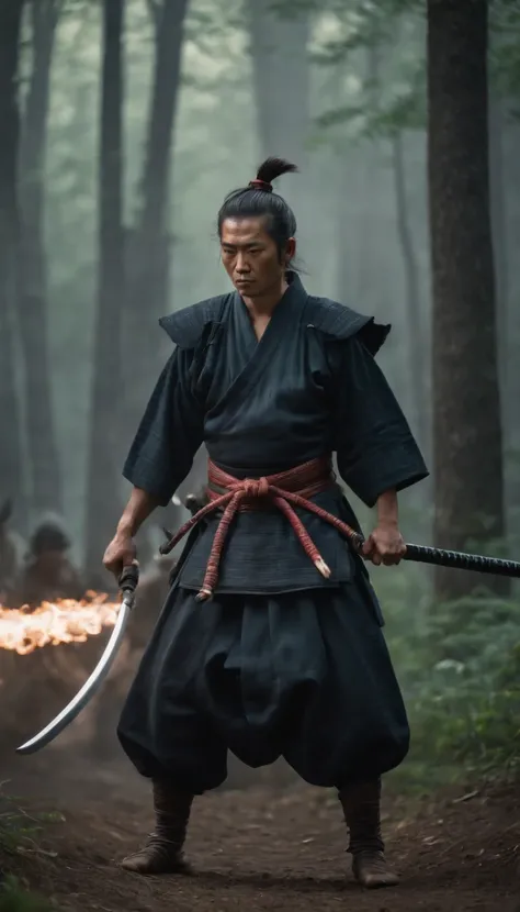 approximately 20 years after the feudal era, A samurai with a katana wrapped in a sinister aura facing off against several menacing monsters ready to attack.