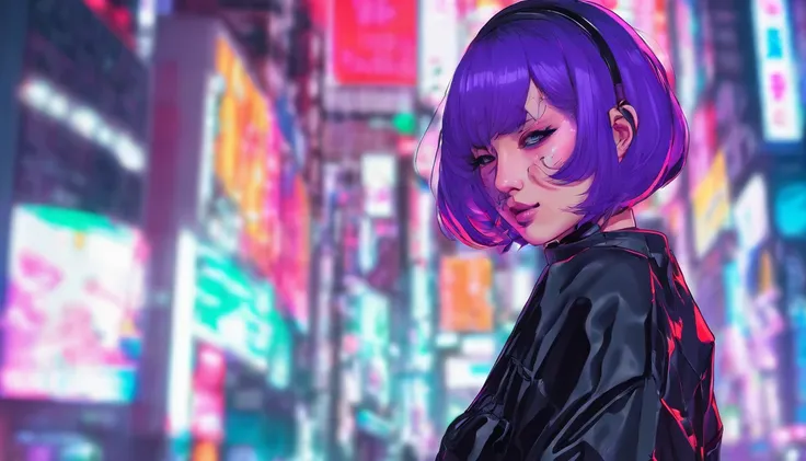 japanaese girl,pale skin,beatiful face(purple hair)red jacket,Tokyo at night, with Cyberpunk style,Japanese streetwear,Tokyo Fashion,In a Cyberpunk 2 jacket 0 7 7,Full-length,attractive pose,Bottom view,Araffe woman in black dress and black hat posing for ...