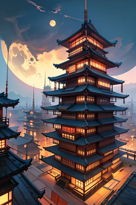 japanese style buildings, demon city, Nachthimmel, Roter Mond, realistisches Full HD, best quality