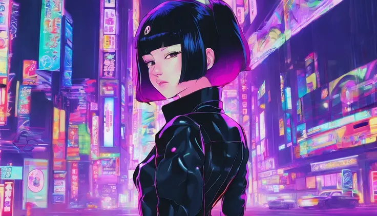 japanaese girl,pale skin,beatiful face(purple hair)red jacket,Tokyo at night, with Cyberpunk style,Japanese streetwear,Tokyo Fashion,In a Cyberpunk 2 jacket 0 7 7,Full-length,attractive pose,Bottom view,Araffe woman in black dress and black hat posing for ...