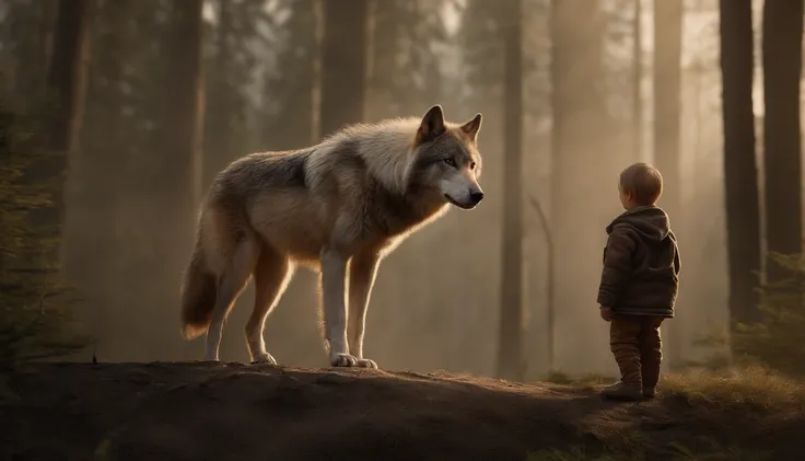 Illustration a heartwarming scene featuring a little, adorable boy standing alongside a magnificent and friendly wolf