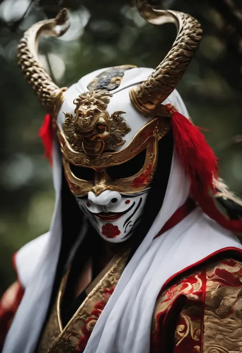 a white ninja with a Japanese oni mask, com uma roupa preta, menacingly