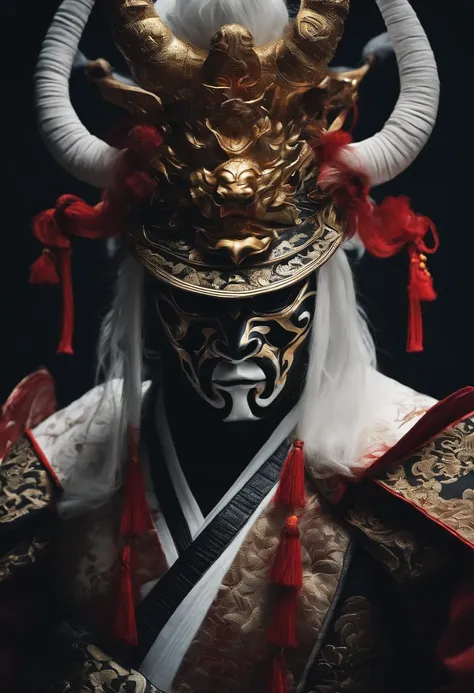 a white ninja with a Japanese oni mask, com uma roupa preta, menacingly