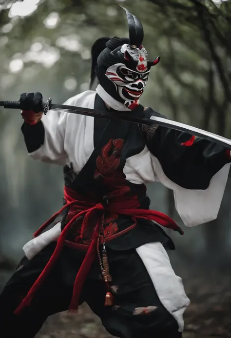 a white ninja with a Japanese oni mask, com uma roupa preta, menacingly