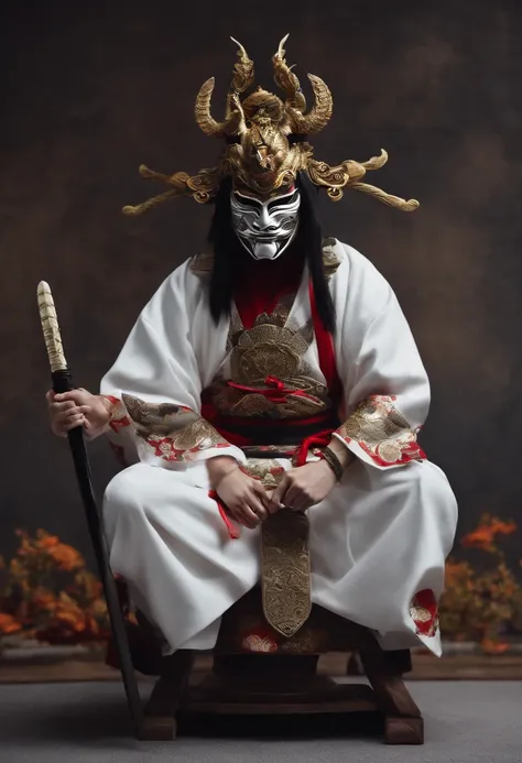 a white ninja with a Japanese oni mask, com uma roupa preta, menacingly