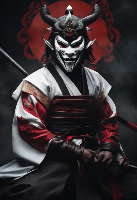 a white ninja with a Japanese oni mask, com uma roupa preta, menacingly