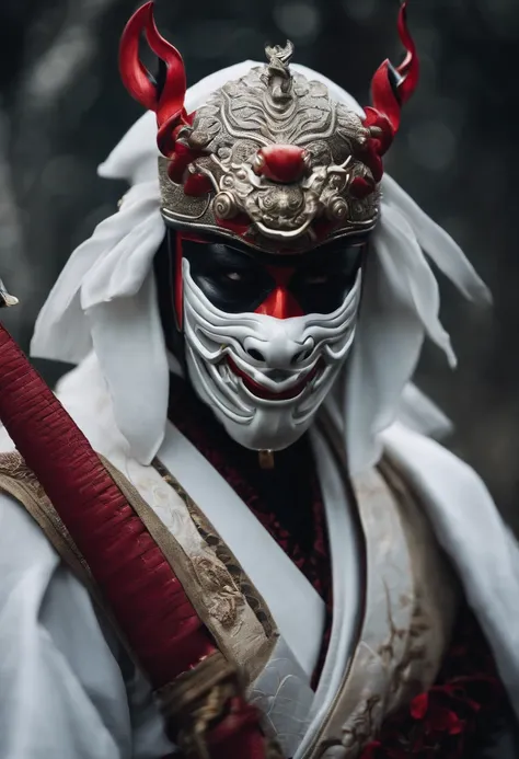 a white ninja with a Japanese oni mask, com uma roupa preta, menacingly