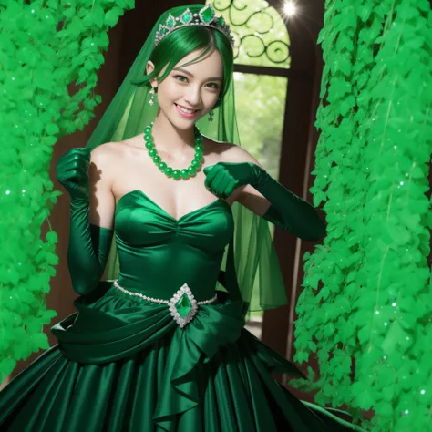 emerald tiara, Green Pearl Necklace, Boyish very short green hair, lipsticks, Japan woman smiling, very short short hair, fist, big breasts beautiful, Green eyes, Long green gloves made of satin material, Green eyes, Emerald Earrings