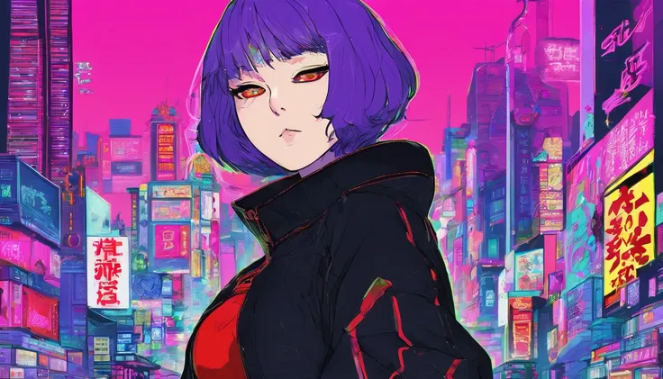 japanaese girl,pale skin,beatiful face(purple hair)red jacket,Tokyo at night, with Cyberpunk style,Japanese streetwear,Tokyo Fashion,In a Cyberpunk 2 jacket 0 7 7,Full-length,attractive pose,Bottom view,Araffe woman in black dress and black hat posing for ...