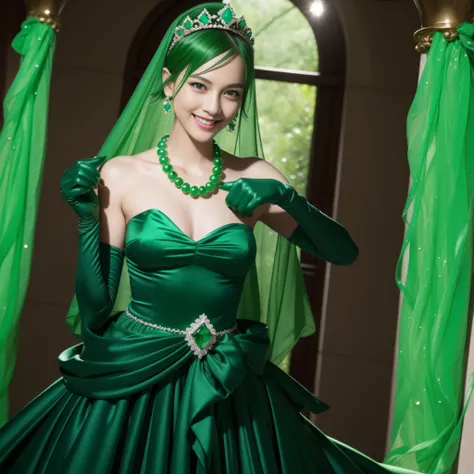 emerald tiara, Green Pearl Necklace, Boyish very short green hair, lipsticks, Japan woman smiling, very short short hair, fist, big breasts beautiful, Green eyes, Long green gloves made of satin material, Green eyes, Emerald Earrings