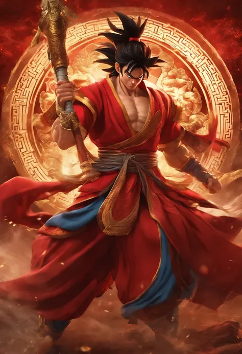 Goku as Chinese warrior in red robes, Dynasty warrior style, Elaborate and gorgeous CGI anime style, Luffy, 8K highly detailed digital effect fantasy, cgsociety 9, epic digital art illustration, and Mumford and Alex Gray style, Bio-luminescence