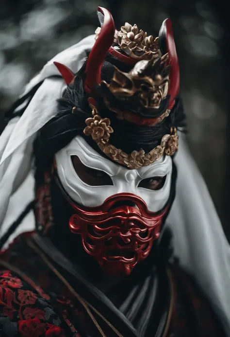 a white ninja with a Japanese oni mask, com uma roupa preta, menacingly