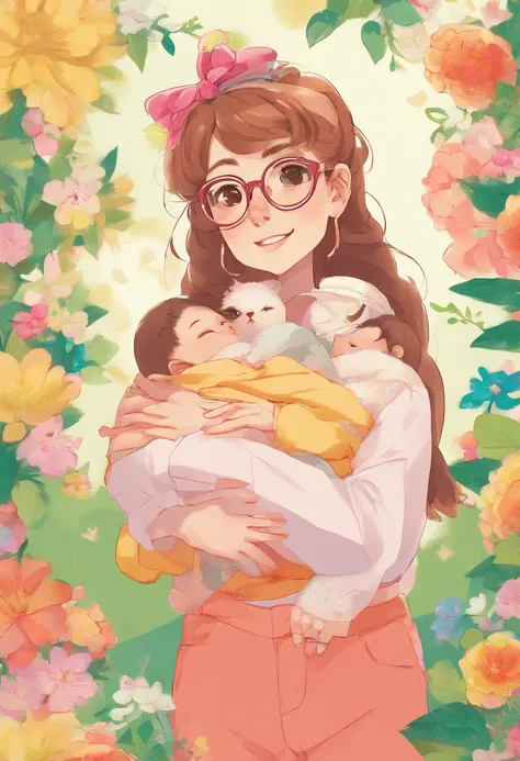 Teenage mother wearing glasses、Komono、Holding the baby