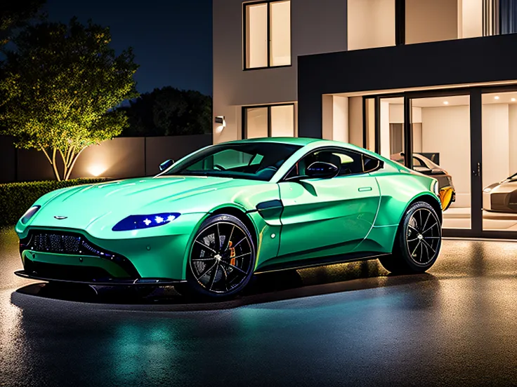 aston martin vantage in a modern mansions driveway at night while its raining