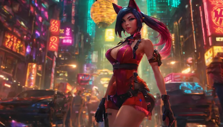 Ahri de League of Legends, foto do corpo todo, perfect hands, cabelos pretos e longos, nine fox tails on the tailbone, orelhas de raposa pretas, roupa de samurai vermelha, papel de parede, fundo em Iona, rosto sexy oriental, cabelos pretos escuros, imagem ...