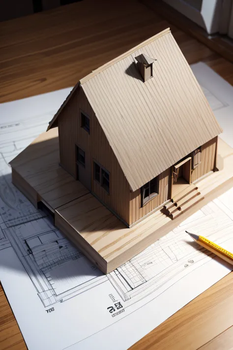 The scheme of building a house. Drawings, Ruler, Pencils