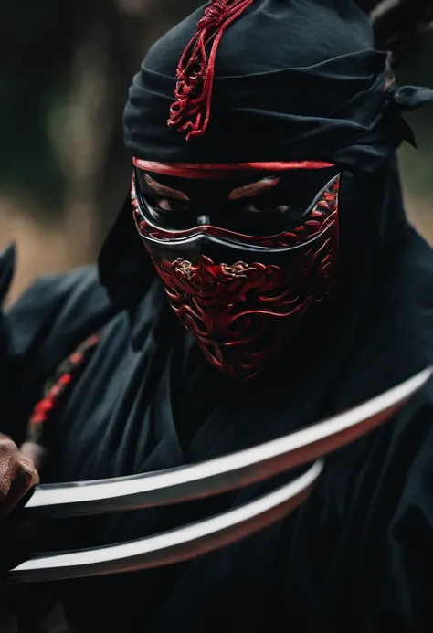 a black ninja with a Japanese oni mask, com uma roupa preta, menacingly