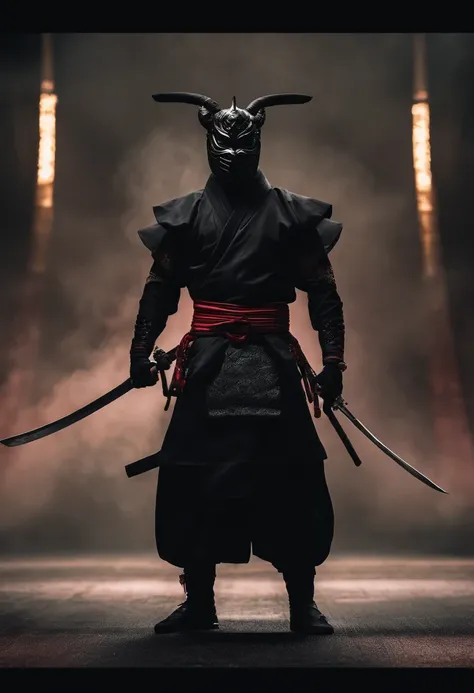 a black ninja with a Japanese oni mask, com uma roupa preta, menacingly