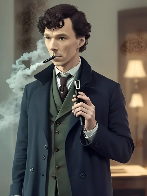 Sherlock Holmes in the realities of the 21st century with a vape in his hands and in youth clothes