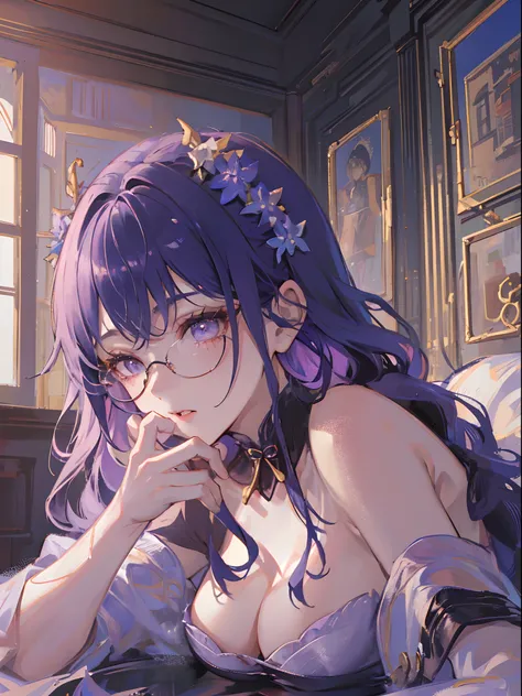 ((beautiful lighting, Best quality, 8K, Masterpiece: 1.3)), 1girl, Perfect body beauty: 1.4,  ((purple hair)), (White dress: 1.4), (Indoor , night: 1.1), (bed), Super Fine Face, Fine Eyes, Glasses,naughty look