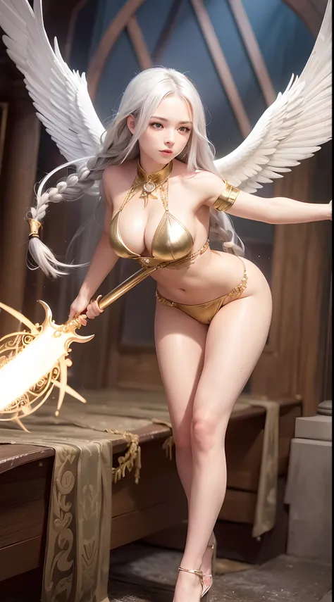 21 years old, silver flowing hair, one braid, gold eyes, c-cup breasts, muscle definition, seductive, spread angel wings, wet skin, light rain, heels, holy Spear, bikini armor, ultra high res, temple background