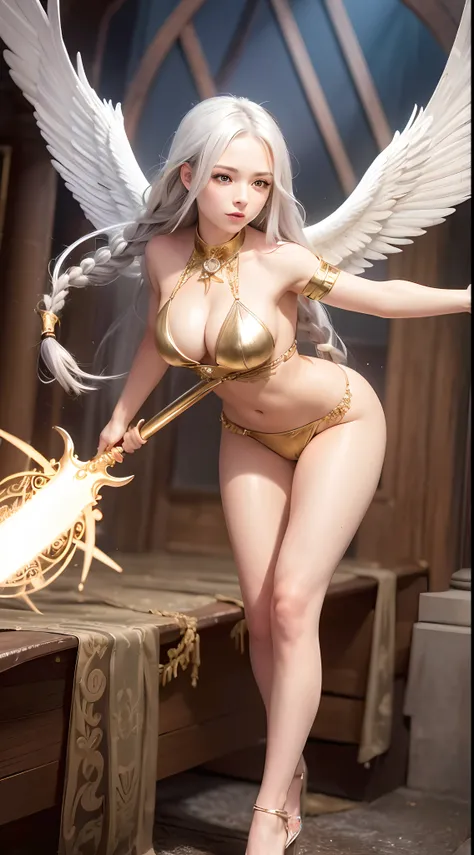 21 years old, silver flowing hair, one braid, gold eyes, c-cup breasts, muscle definition, seductive, spread angel wings, wet skin, light rain, heels, holy Spear, bikini armor, ultra high res, temple background