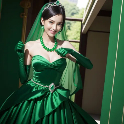 emerald tiara, Green Pearl Necklace, Boyish very short green hair, lipsticks, Japan woman smiling, very short short hair, fist, big breasts beautiful, Green eyes, Long green gloves made of satin material, Green eyes, Emerald Earrings