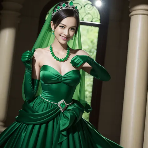 emerald tiara, Green Pearl Necklace, Boyish very short green hair, lipsticks, Japan woman smiling, very short short hair, fist, big breasts beautiful, Green eyes, Long green gloves made of satin material, Green eyes, Emerald Earrings