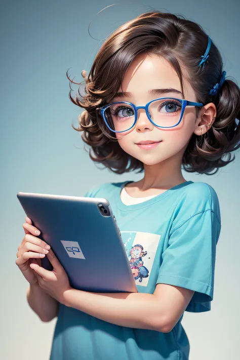 Lovely and happy 7 year old child, wearing glasses, Penteado curto, tom de branco, Camiseta azul de manga curta, holding a large tablet in your hand. 4K illustration, estilo dos desenhos animados da disney.