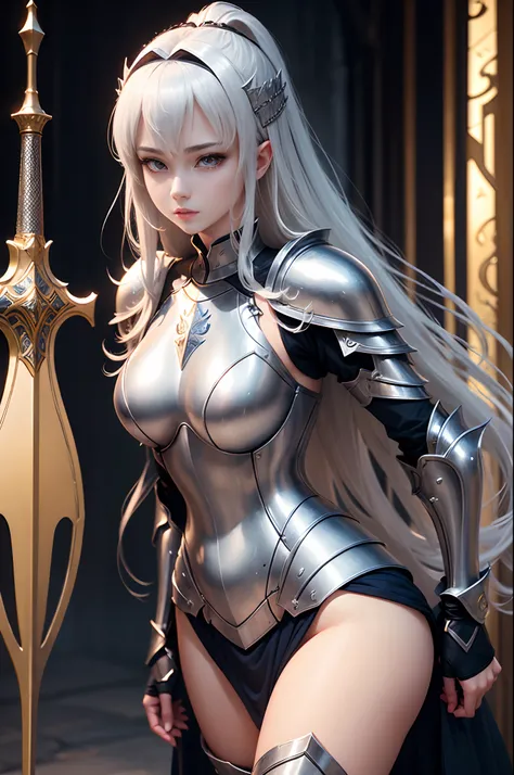 8K,Female Holy Knight in Silver Sacred Armor、Holy Knight with a Big Sword、(Face like the real thing)　Blonde Wave　muscular slender body　muscular　Slender lower body　Silver Leg Armor Dark Fantasy　Paladin、Portrait of the Holy Knight、Beautiful female holy knigh...