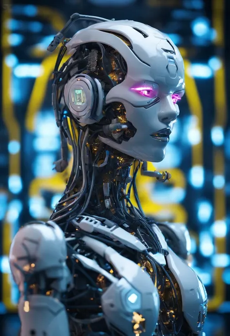 Hyper realistic photo, White female robot Goddess Gaia (((attached ti a electronic tree of life))), (((Yellow neon highlights))), Electronic Systems On-Head Humanoids, Detailed Brain in Sight, Detailed connection wire, mechanical limbs, tubes connected to ...