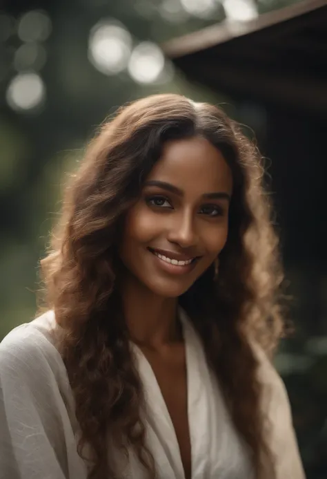 RAW, analog, Nikon Z 85mm,((best quality)), ((masterpiece)), ((realistic)),vintage image, gorgeous Ethiopian woman, long hair, 22 year old, posing in the rain wearing w white linen dress with a lowcut neck, petite, smile with teeth showing, ((medium breast...