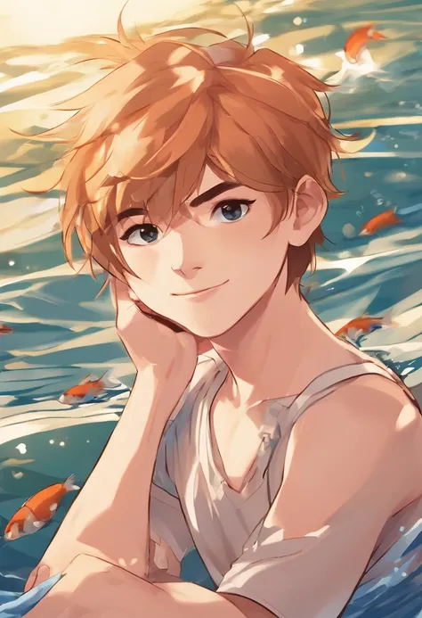 movie picture quality，Disney animation style，A little boy swims in the sea with a koi in his arms，short detailed hair，Denim suspenders，The barefoot，depth of fields，high light，Real light，Ray traching，oc rendered，Hyper-realistic，best qualtiy，8K，Works of mast...