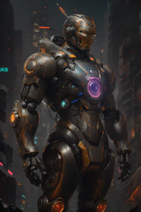 there is a robot that is standing in the street, deep cyberpunk mechanoid, cyberpunk iron man, painterly humanoid mecha, cyberpunk mechanoid, wojtek fus, advanced digital cyberpunk art, beautiful robot character design, 4k highly detailed digital art, wlop...