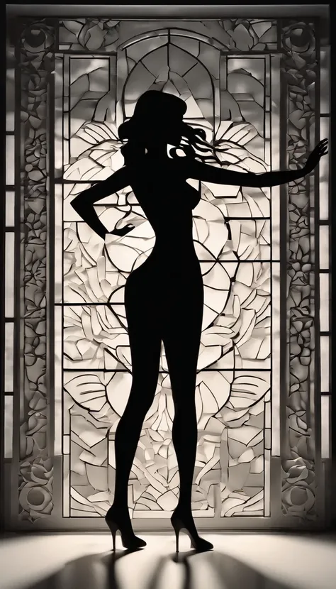 (Silhouette art,best quality,top quality,masterpiece,4k,)(fashion models),
(((arte em papel cortado,A world where only black exists:1.2)，
(style of 90s anime portraition),1lady,Solo,slim body,perfect female shape,epic quality,graceful dancing,elegant postu...